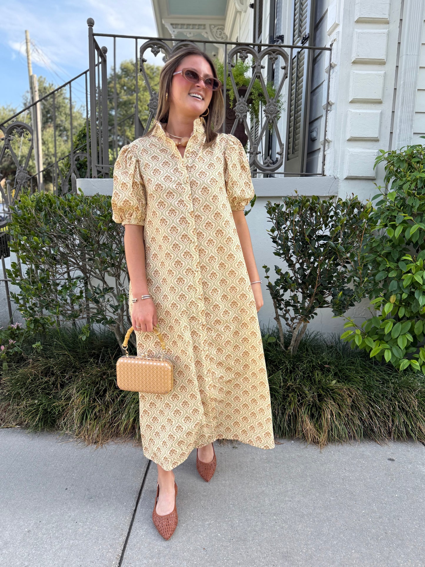 Ruffle Collar Shirt Dress in Sage & Terracotta