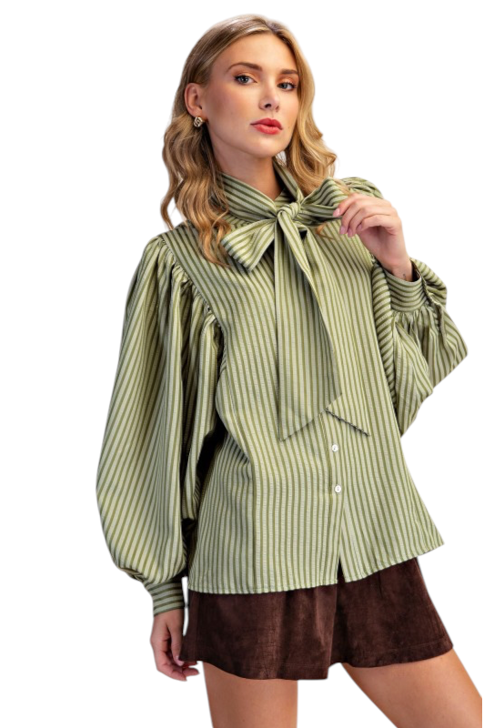 Olive Stripe Tie Neck Blouse