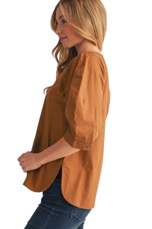 Side Slit Poplin Top in Brown