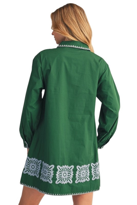 Poplin Embroidered Squares Shirt Dress in Green