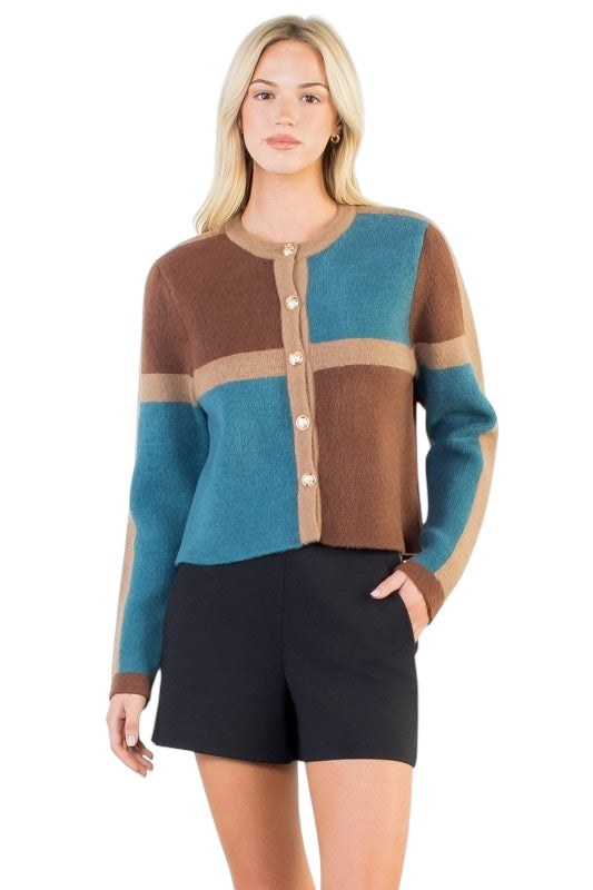 Brown & Blue Colorblock Cardigan
