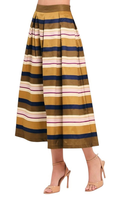 Camel & Navy Stripes Midi Skirt