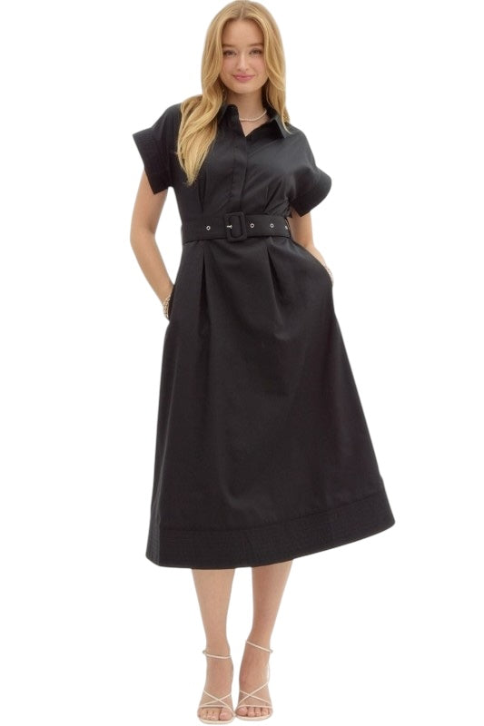 Stitched Collared Shirt Dress in Black
