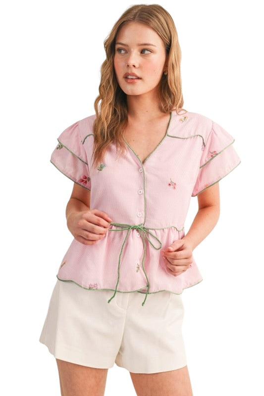 Pink Stripes Embroidery Top