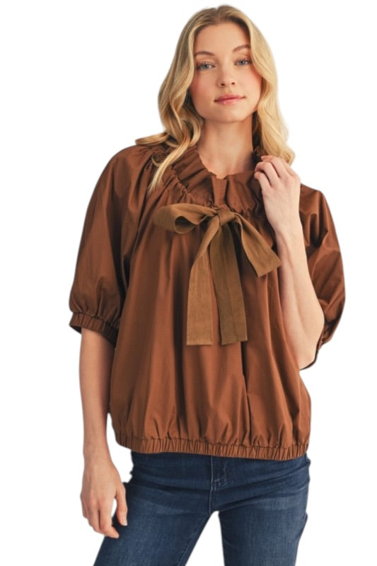 Drawstring Neckline Poplin Top- 2 Colors