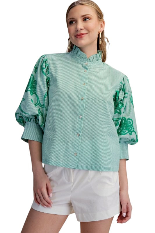 Green Stripe Embroidered Sleeve Top