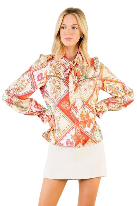 Tie Neck Satin Squares Blouse