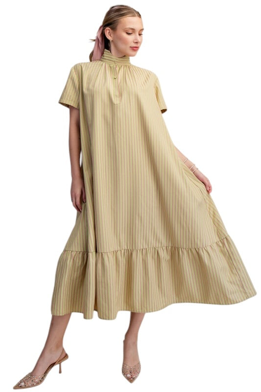 Sage & Pink Stripe Standing Collar Midi