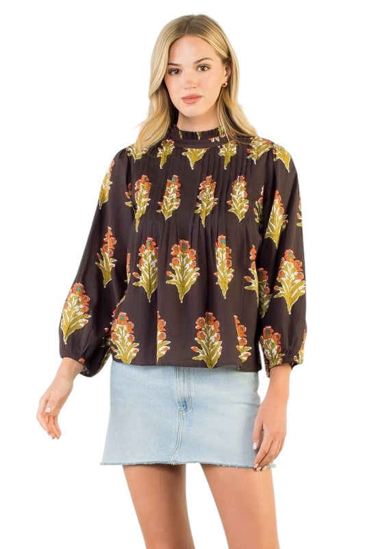 Chocolate Floral Pleats Top