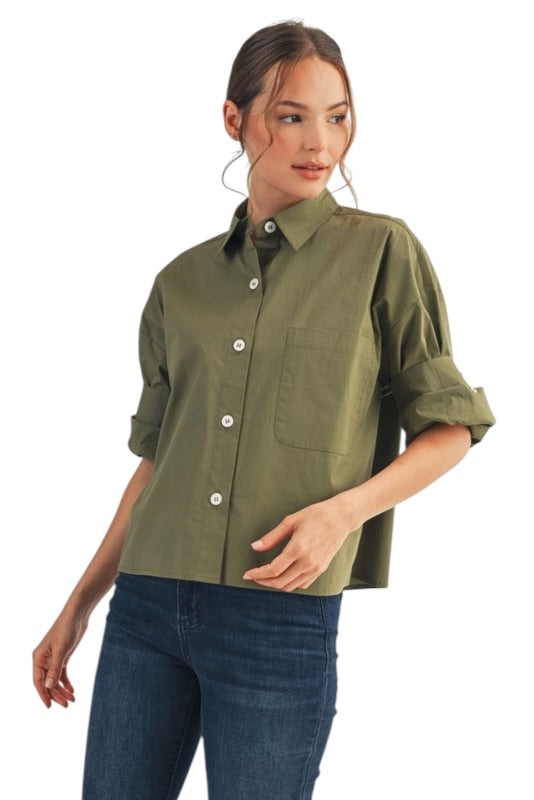 Olive Roll Sleeve Blouse