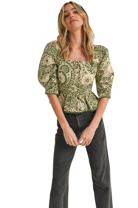 Olive Mixed Pattern Peplum Top