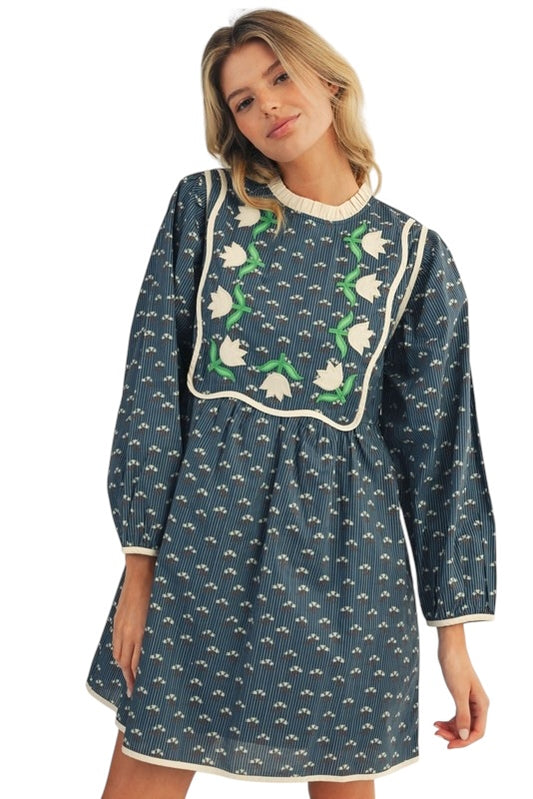 Navy Embroidered Tulips Mini