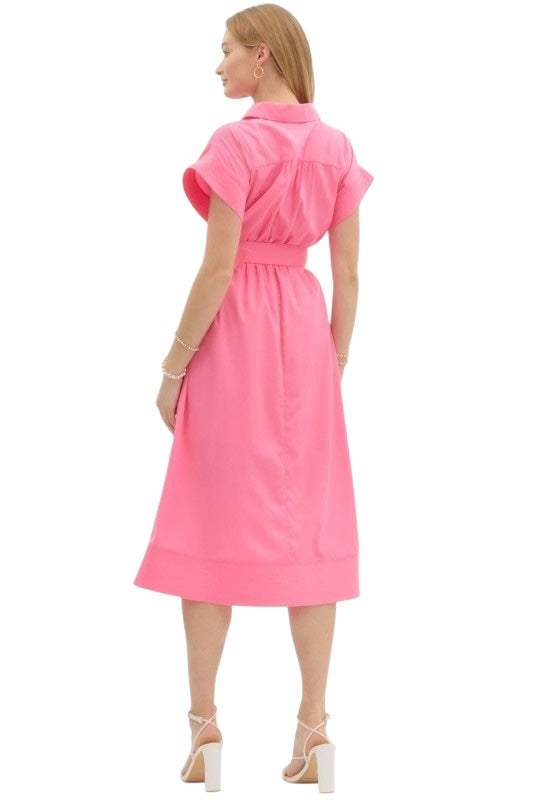 Stitched Collared Shirt Dress in Pink