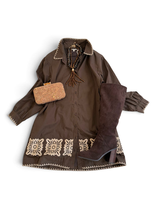 Poplin Embroidered Squares Shirt Dress in Brown