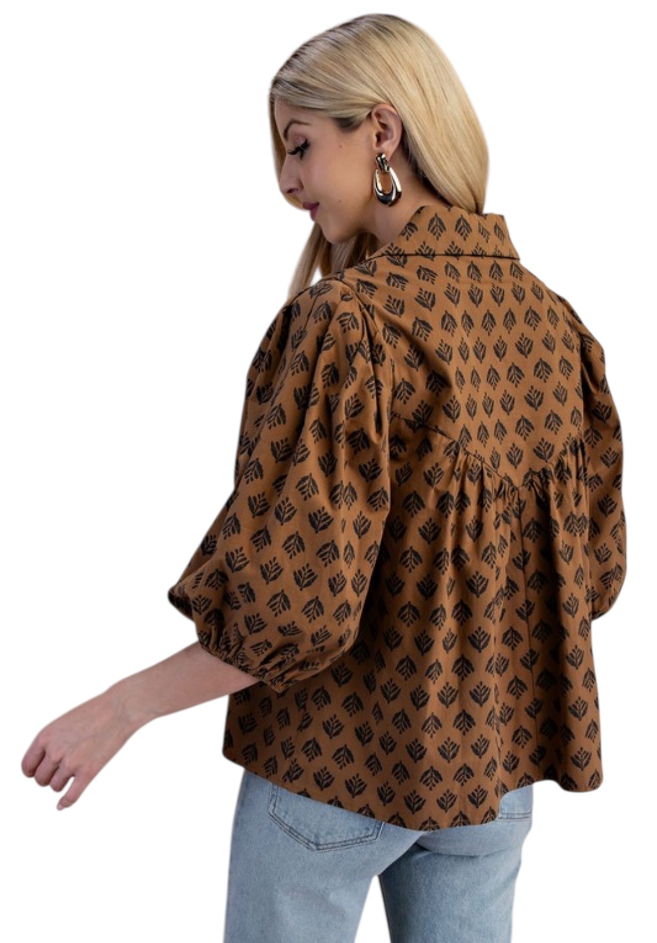 Smocked Tie Front Top in Brown & Black