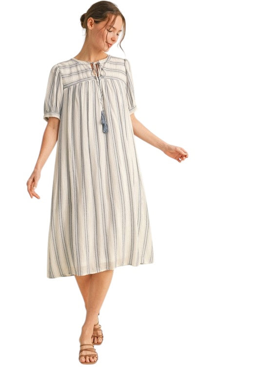 Tie Neck Stripes MIDI in Cream