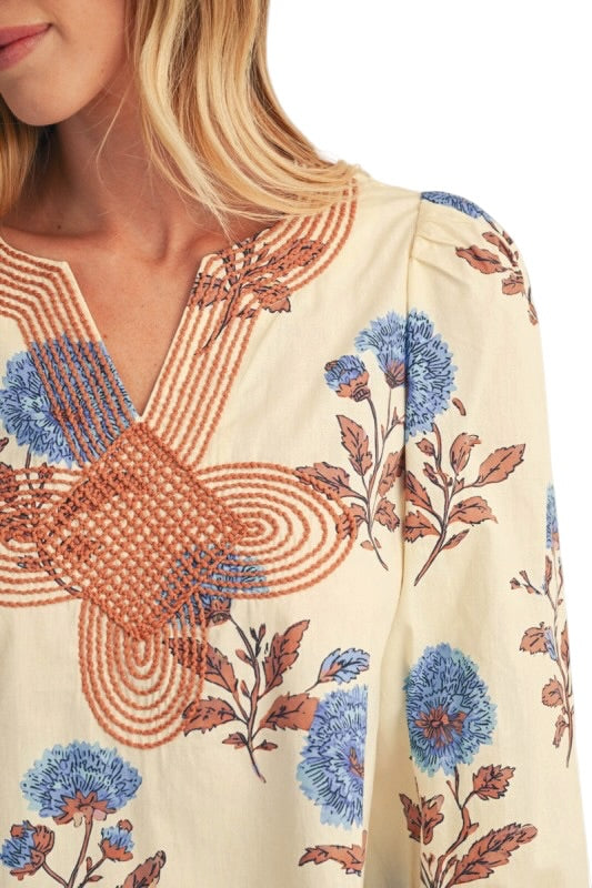 Cornflower & Mocha Embroidered Top