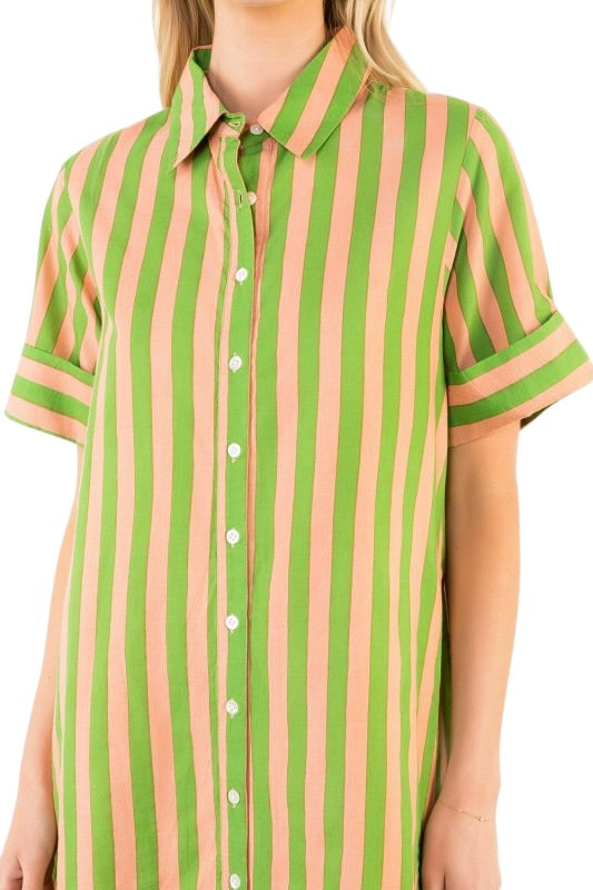 Pink & Lime Stripe Shirt Dress