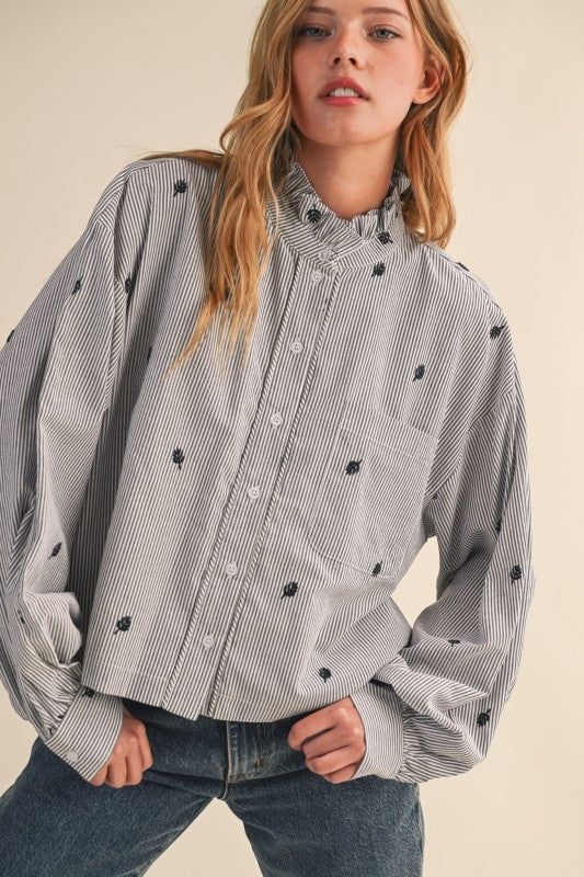 Embroidered Leaves Stripe Blouse-2 Colors