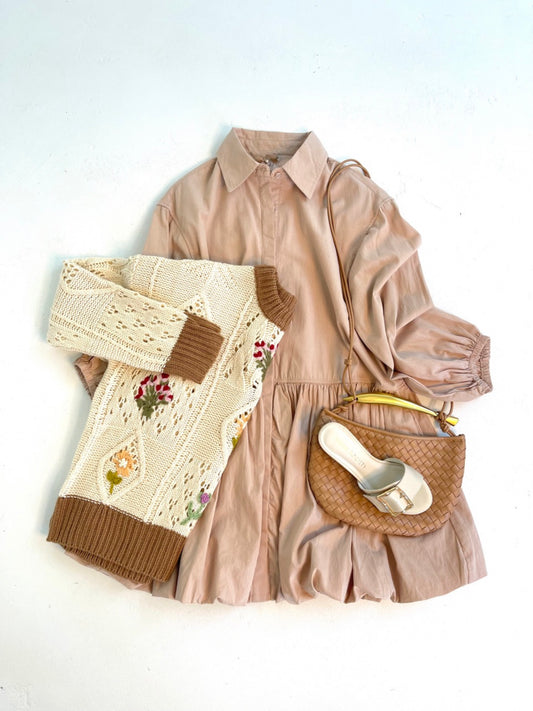 Bubble Hem Shirt Dress in Beige