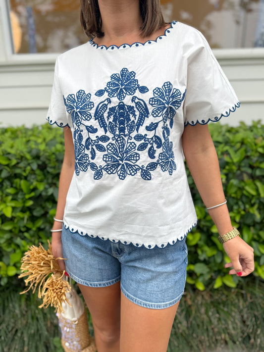 Blue Parrots Embroidered Top