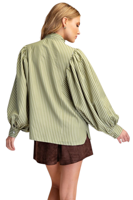 Olive Stripe Tie Neck Blouse