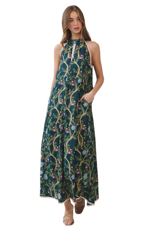 Jade Chinoiserie Halter Neck Maxi