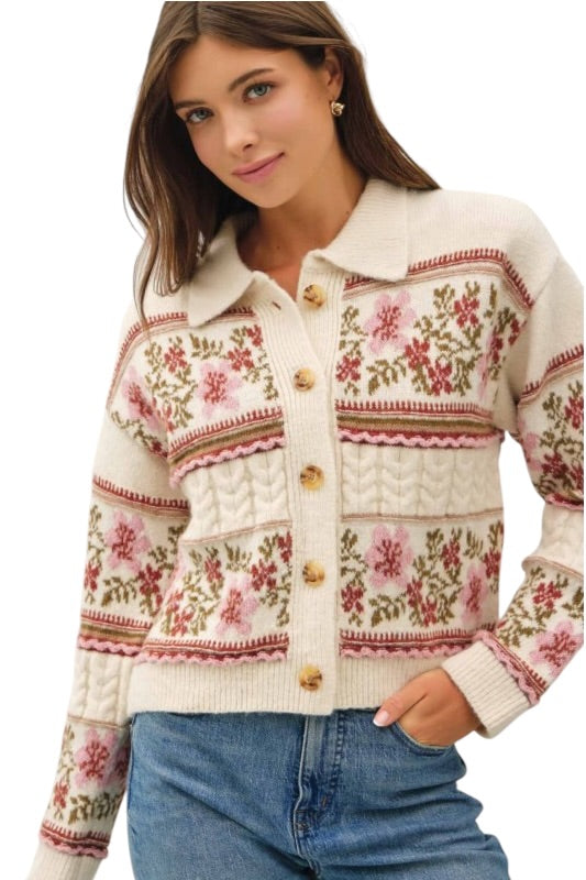 Pink & Olive Floral Collared Sweater