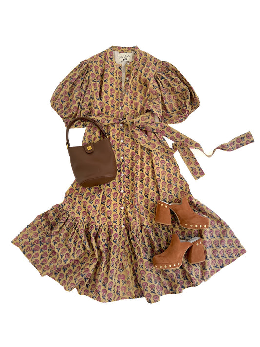 Meg Midi in Butter & Pink Blockprint