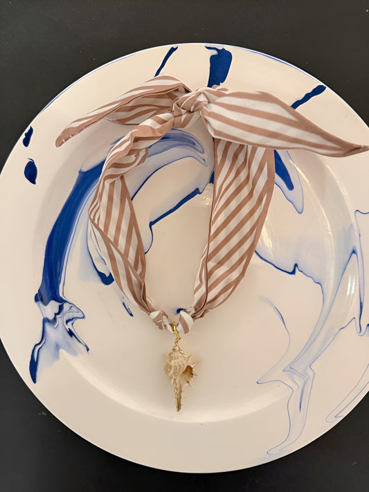 Tan Stripe Scarf Necklace w/ Shell Pendant