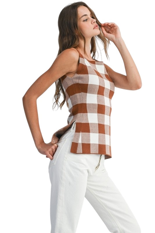 Gingham Knit Top in Brown