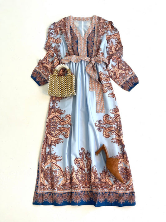 Brown & Blue Damask Midi