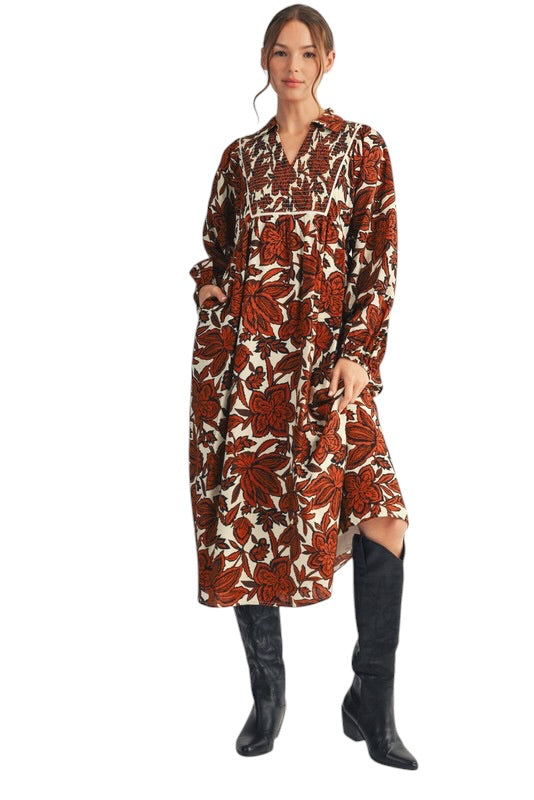 Smocked Chest Long Sleeve Midi in Chocolate Florals