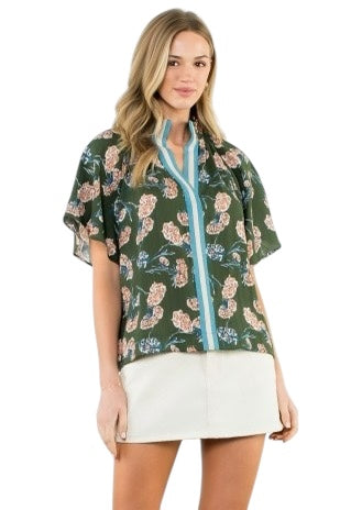 Green Floral Center Banded Top