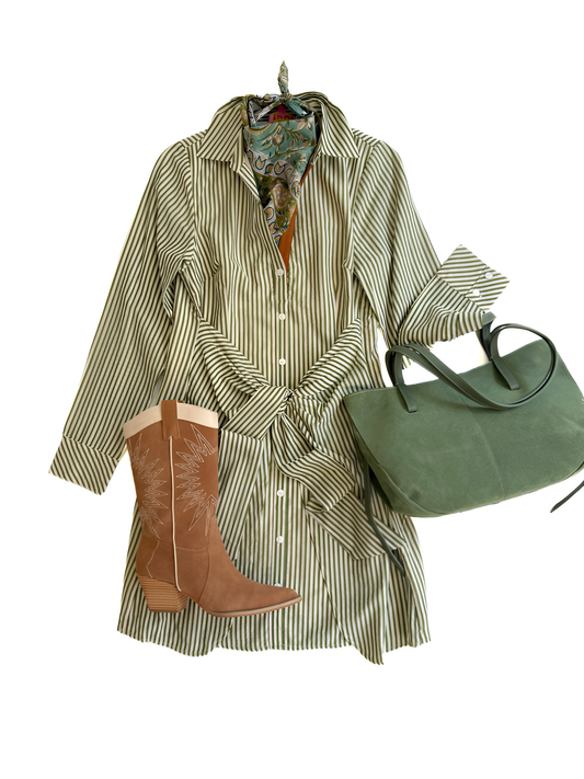 Faux Wrap Shirt Dress in Olive