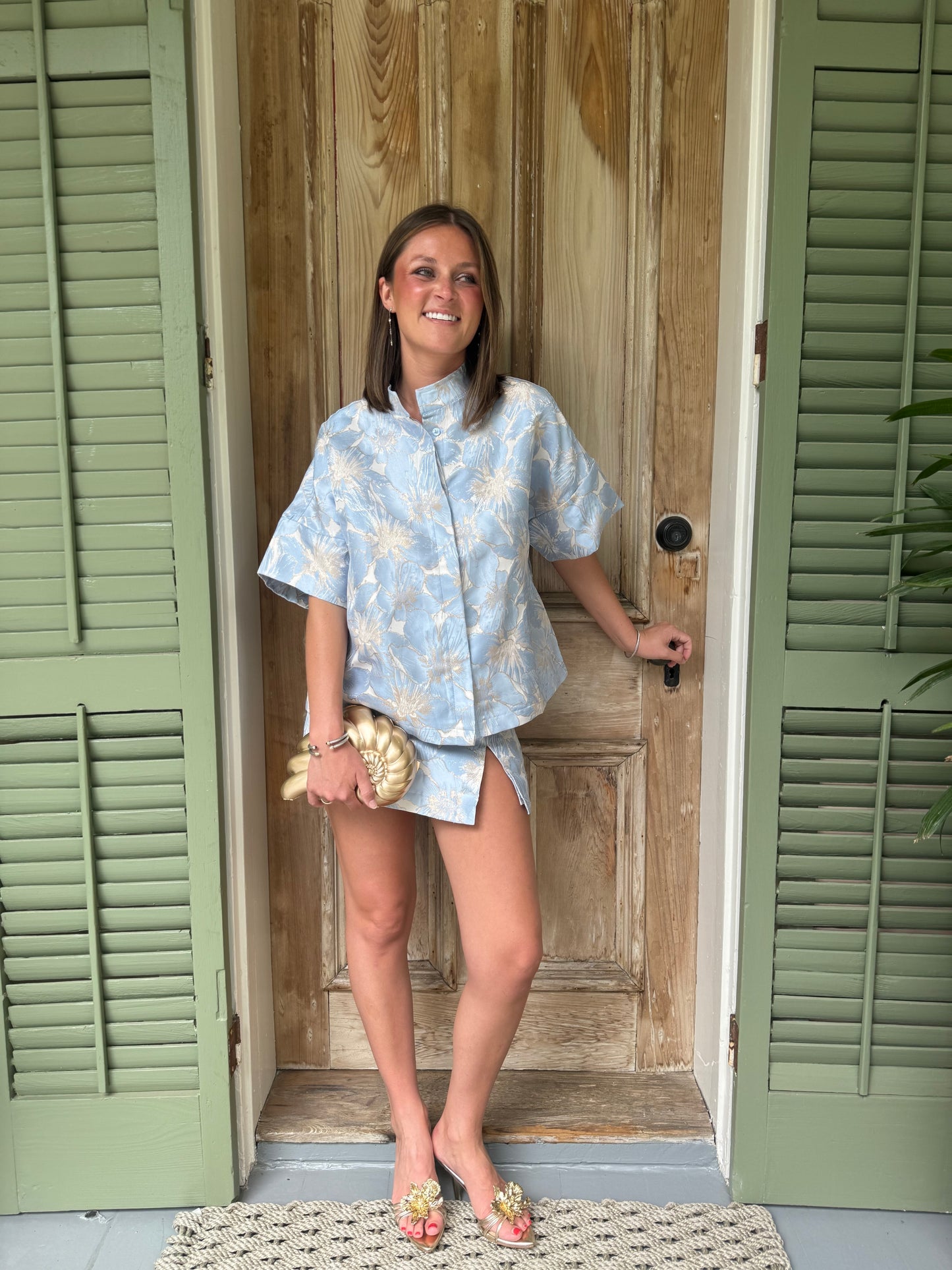 Floral Jacquard Skort- Light Blue