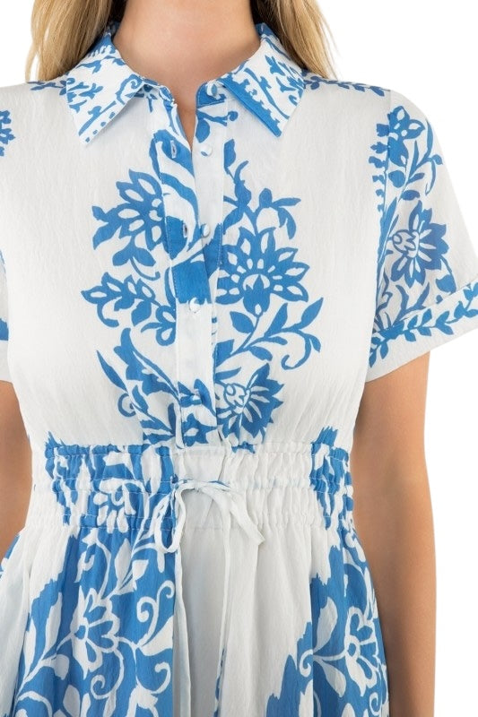 Blue Paisley Drawstring Shirt Dress
