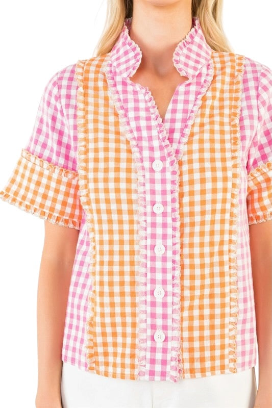Pink & Orange Gingham Top