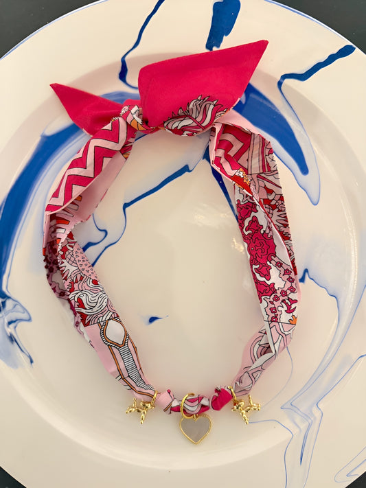 Pink Scarf Necklace w/ Balloon Dog & Mother of Pearl Heart Charms