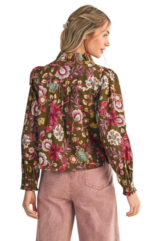 Olive Floral Center Ruffle Top