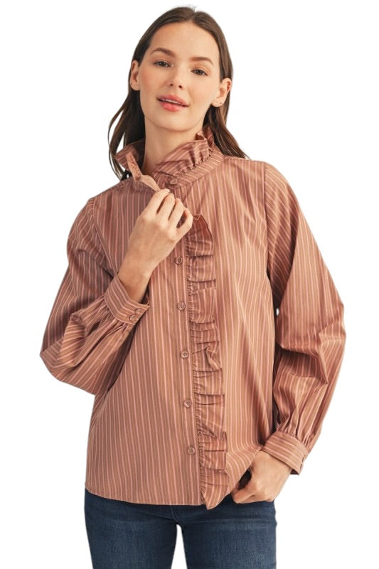Ruffle Blouse in Taupe & Pink Stripe