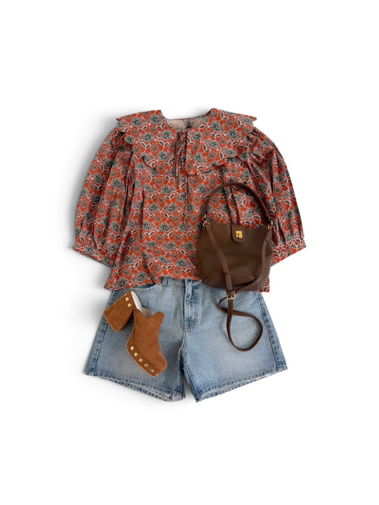 Terracotta & Blue PeterPan Collar Top
