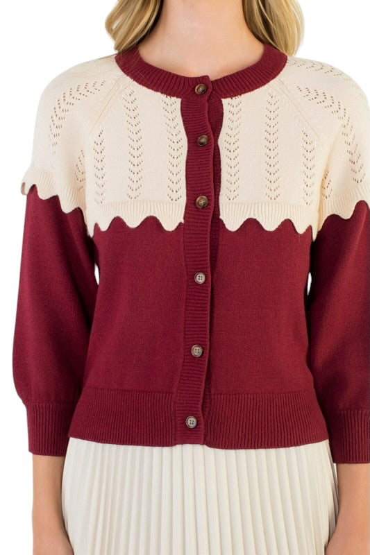 Wine Cardigan with Pointelle Detail