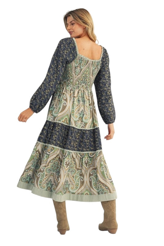 Mixed Green Damask Smocked Midi