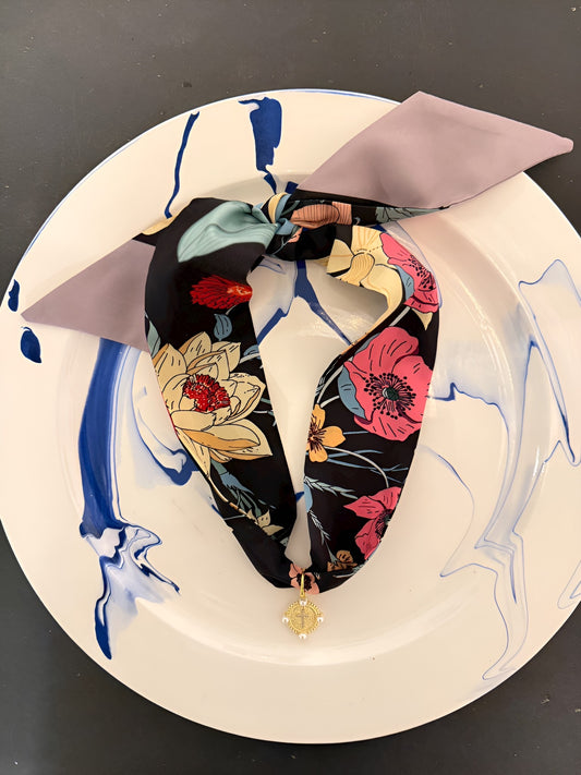 Midnight Bloom Scarf Necklace w/ Pearl Cross Charm