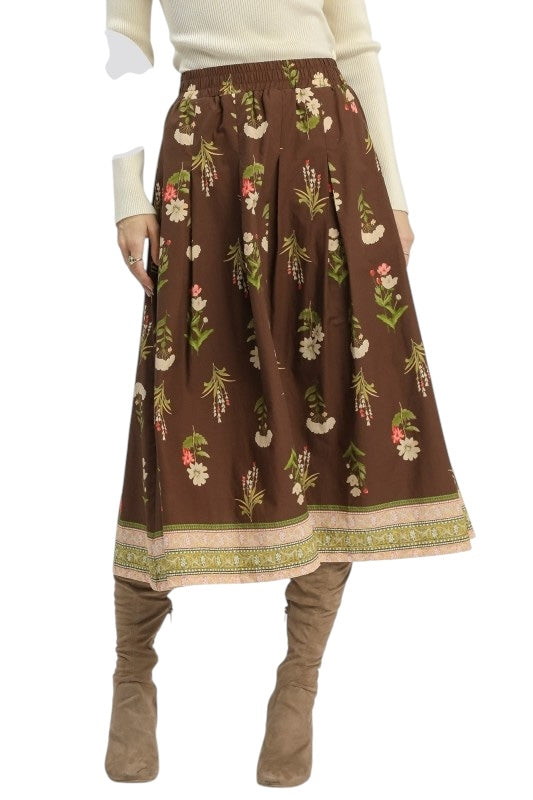Chocolate Mixed Florals Midi Skirt