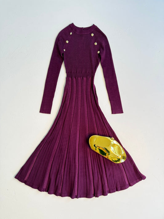 Metallic Pleats Sweater Dress in Plum