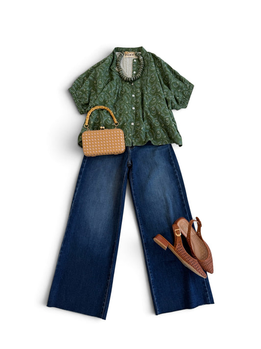 Constance Blouse In Green BlockPrint