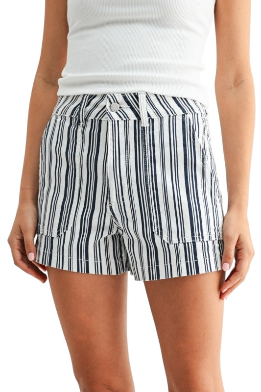 Navy & White Stripe Utility Denim Shorts