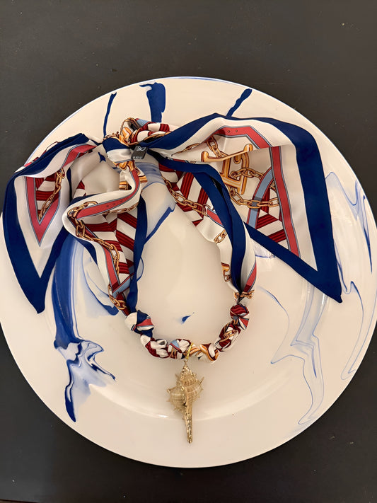 Red & Blue Scarf Necklace w/ Shell Pendant